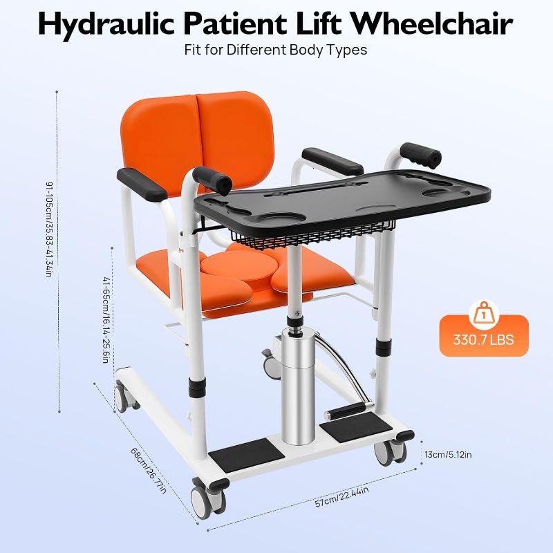 View 2 of Hydraulic Patient Lift Wheelchair for Home, 180° Split Seat for Elderly, Portable Transfer Nursing Chair Lifter W/Potty, Height Adjustable Patient Transfer Chair for Seniors Elderly Handicapped