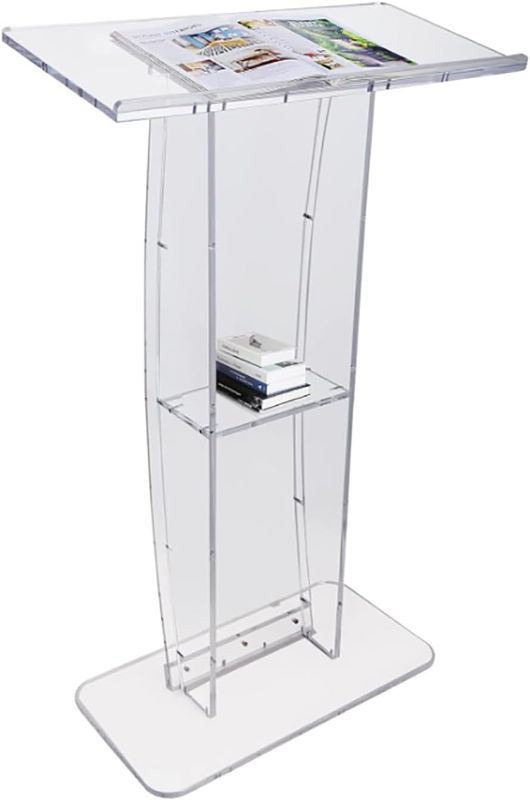 Photo 1 of VEVOR Acrylic Podium, 47" Clear Acrylic Podium Stand with Wide Reading Surface & Storage Shelf, Floor-standing Clear Pulpits Acrylic, Clear