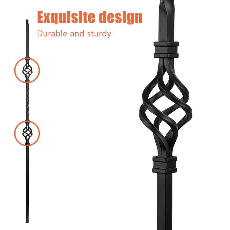 Photo 1 of 10 Pcs Wrought Iron Balusters, Hollow Double Basket Balusters, 1/2" x 44" Hollow Iron Baluster for Staircase Remodel, Matte Black Metal Railing