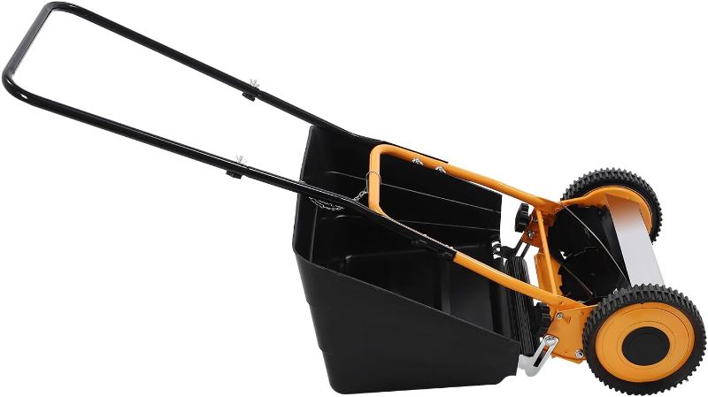 Photo 1 of 14-inch Push Reel Mower, Cordless Manual Mower with Grass Catcher, self-propelled Mower, Adjustable Cutting Height, Walk-Behind Mower for courtyards and Gardens (Orange)