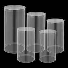Photo 1 of Acrylic Cylinder Clear Pedestal Stands, 5PCS Round Cylinder Pedestal Display Plinth Pillars for Wedding Birthday Party Art Decor 23.6''(L),21.6''(M),19.7''(S