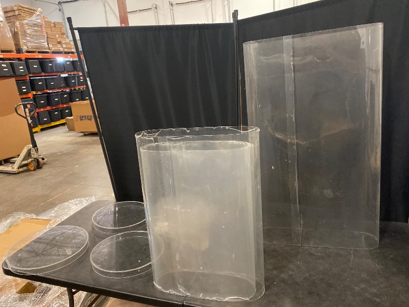 Photo 1 of Acrylic Cylinder Clear Pedestal Stands, 5PCS Round Cylinder Pedestal Display Plinth Pillars for Wedding Birthday Party Art Decor 23.6''(L),21.6''(M),19.7''(S