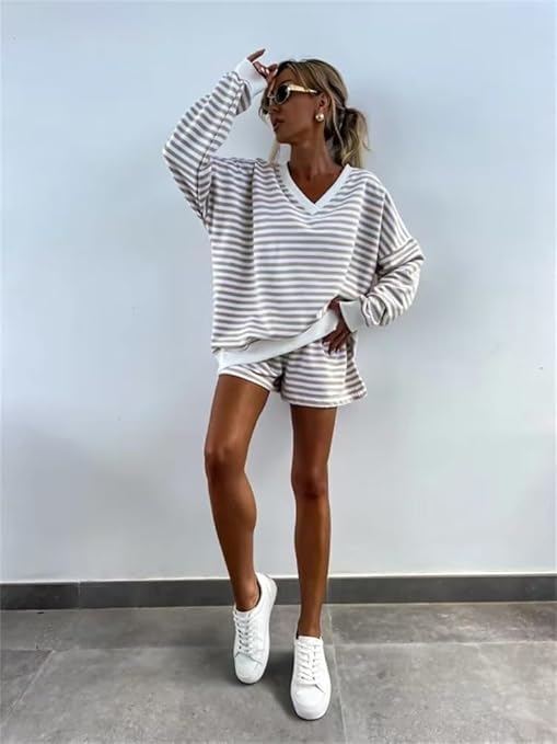 View 2 of size medium Melliflo Women 2 Piece Outfits Lounge Sets Striped Print Long Sleeve V Neck Sweatshirt and Shorts Set Sweatsuit