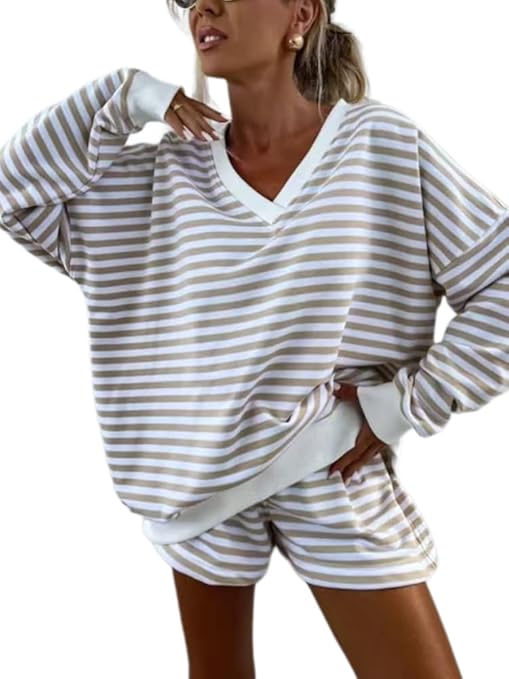View 1 of size medium Melliflo Women 2 Piece Outfits Lounge Sets Striped Print Long Sleeve V Neck Sweatshirt and Shorts Set Sweatsuit