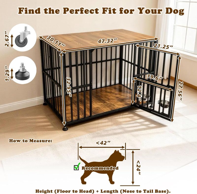 View 2 of 48" Dog Crate Furniture Foldable, Large Dog Kennel Furniture with Swing-Out Bowl & Dual Base Sets (Feet+Wheel), No Assembly Foldable Dog Crate Furniture, End Table for Large Dogs, Rustic Brown