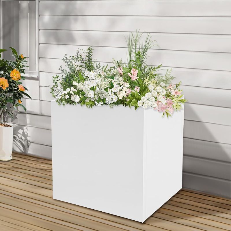 Photo 1 of Metal Planter Box, 1ft 10L  x  1ft 8W Planters Square Plants Flowers Planter Boxes for Indoor Outdoor Plants Steel Planter Heavy Duty for Garden, Patio, Yard (White)