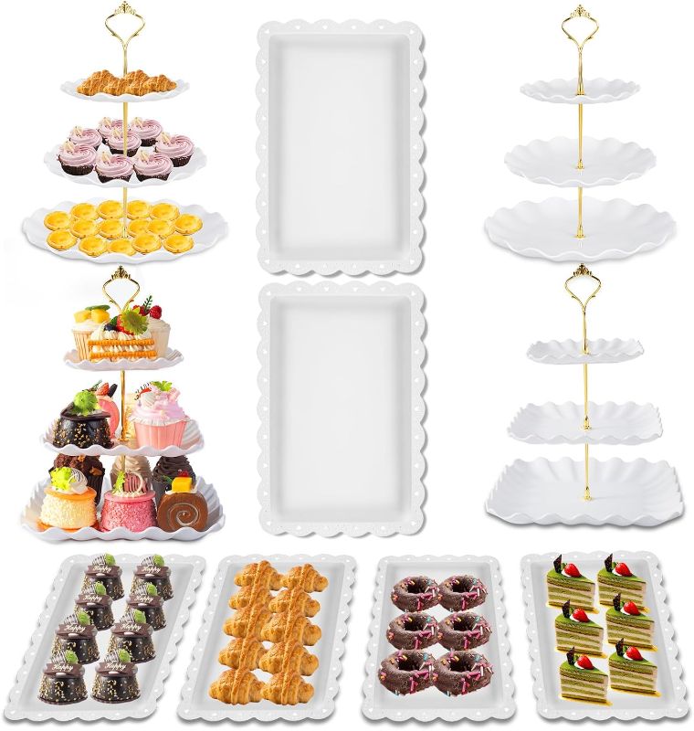 Photo 1 of 10 Pack Dessert Table Display Set, 4 Sets 3 Tier Cupcake Stand, 6 Pcs Food Serving Trays, Tiered White Plastic Cup Cake Tower for Birthday Baby Shower Wedding and Tea Party Supplies (10, Large)