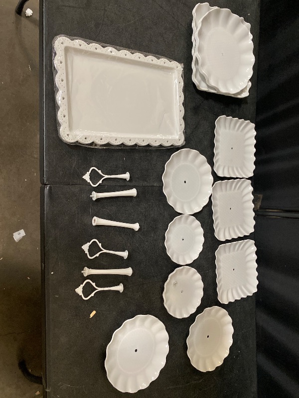 Photo 1 of 10 Pack Dessert Table Display Set, 4 Sets 3 Tier Cupcake Stand, 6 Pcs Food Serving Trays, Tiered White Plastic Cup Cake Tower for Birthday Baby Shower Wedding and Tea Party Supplies (10, Large)