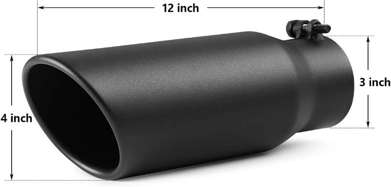 Photo 1 of A-KARCK Exhaust Tip 3 Inch Inlet, 3" Inlet 4" Outlet 12" Long Black Coated Finish Muffler Tip For Truck Tailpipe, Stainless Steel Rolled Edge