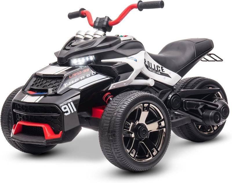 Photo 1 of 12V Kids Electric Motorcycle Ride on ATV, 3 Wheeler Power Wheel, w/LED Lights, EVA Tires, High & Low Speed, Horn, Music, Police car