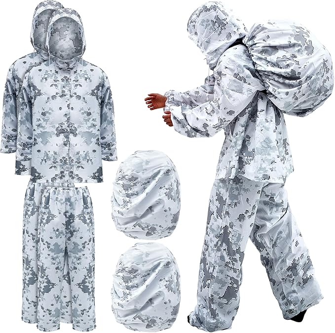 Photo 1 of Cutecrop 2 Sets Winter Camo Suit Hunting Tactical Suit with Backpack Cover, Snow Camo Ghillie Suit Windbreaker Winter Camouflage Jacket Pants for Sniper Military Tactical Hunting, Unisex