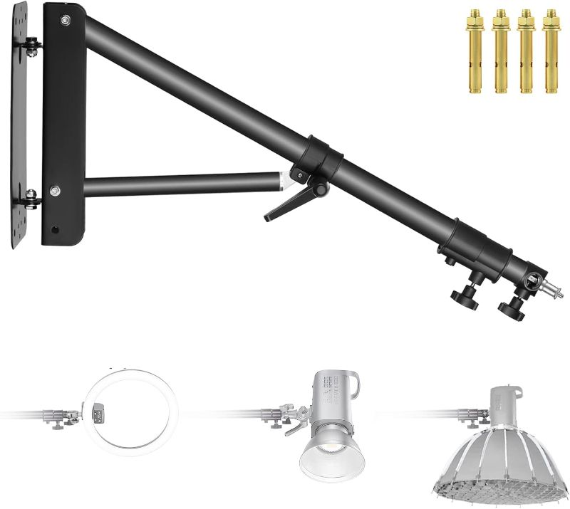 Photo 1 of Neewer Wall Mounting Triangle Boom Arm for Photography Strobe Light, Monolight, Softbox, Umbrella, Reflector and Ring Light, Support 180 Degree Rotation, Max Length 4 Feet/125cm (Black)