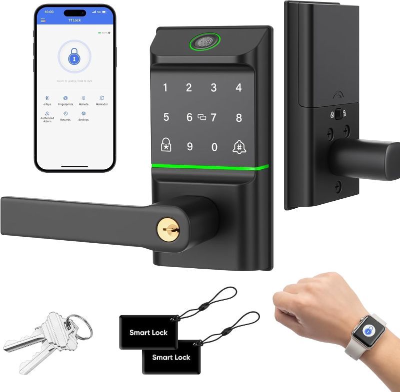 Photo 1 of  Keypad Smart Door Lock with Handle, Keyless Entry Deadbolt for Front Door, Smart Auto Lock Deadbolt with Phone/Watch App Control, Biometric Fingerprint Gate Handle with 7 Ways to Unlock