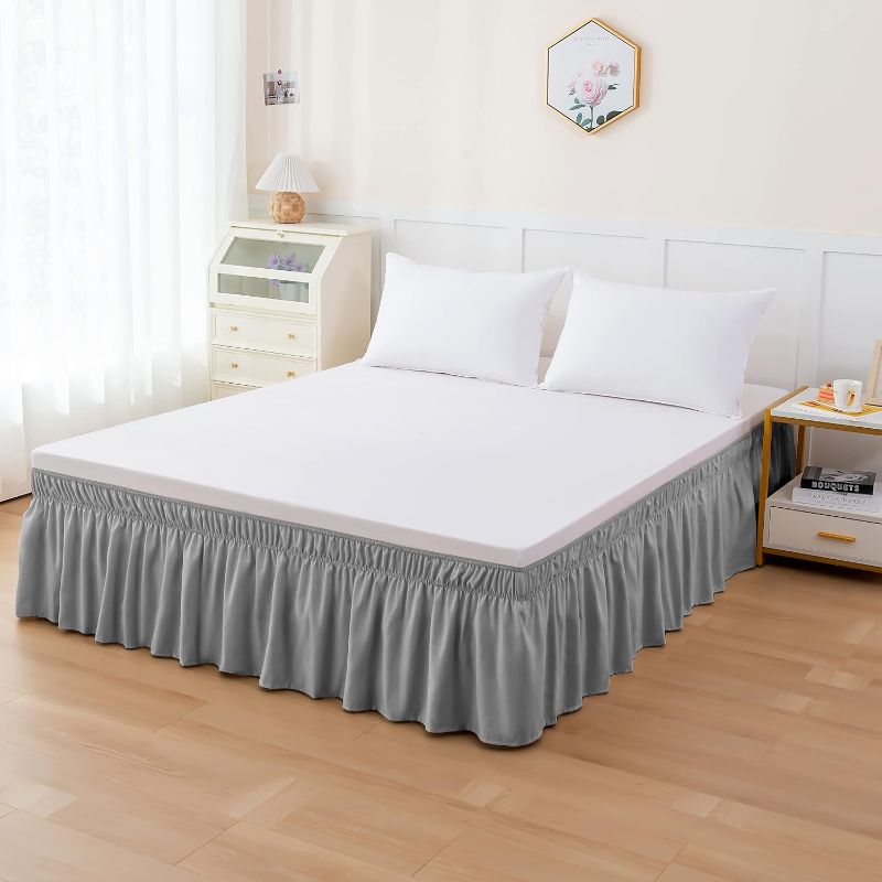 Photo 1 of (Q/K) Elegant Comfort Luxurious Wrap Around Elastic Solid Ruffled Bed Skirt, with 16 Inch Tailored Drop - Easy Fit, Premium Quality Wrinkle and Fade Resistant - King/Queen, Grey