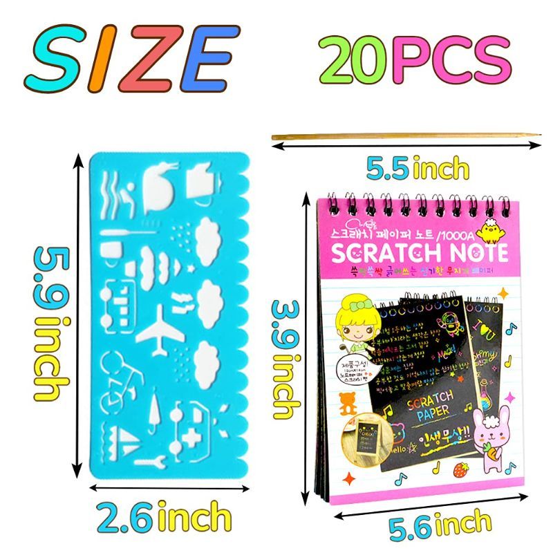 Photo 1 of 26 Pack Scratch Paper Art for Kids, Scratch Off Notebook Black Coloring Books with 26 pack Wooden Stylus & 4 Drawing Stencils for Age 4-12 Boys Girls Party Favor Halloween Christmas Birthday Gift