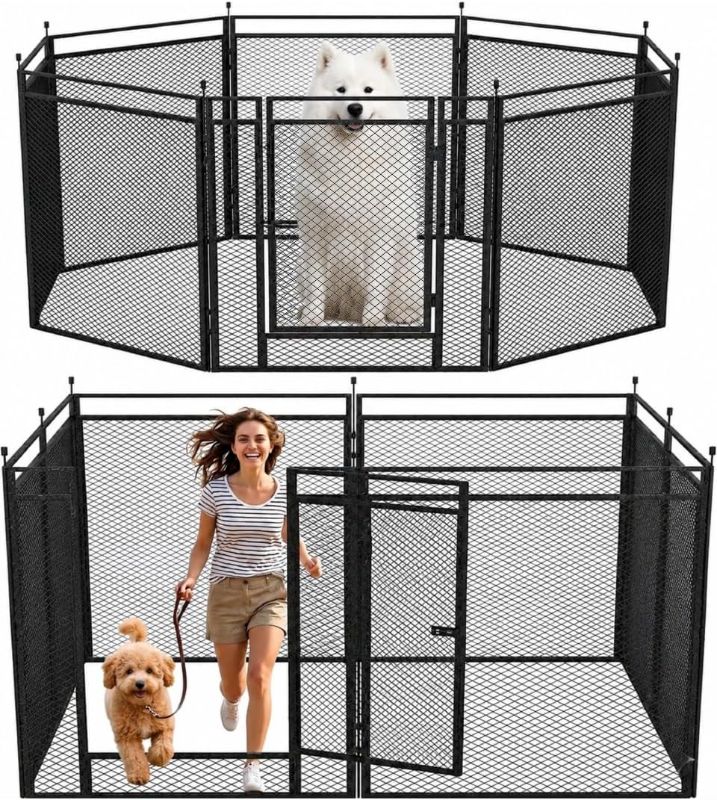 Photo 1 of box 2 of 3 Dog Playpen with Safety Mesh, 32" Height 8 Panels Metal Dog Fence Indoor Outdoor, Portable Dog Kennel for Camping, Yard & RV | Black-Silver
