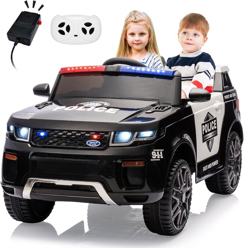 Photo 1 of GarveeLife 12V Kids Ride On Police Car with Remote Control Electric Police Car for Kids 3-8 Toddlers Ride On Police Car Toy with LED Flashing Light, Megaphone, Spring Suspension, Handle, Music, Black