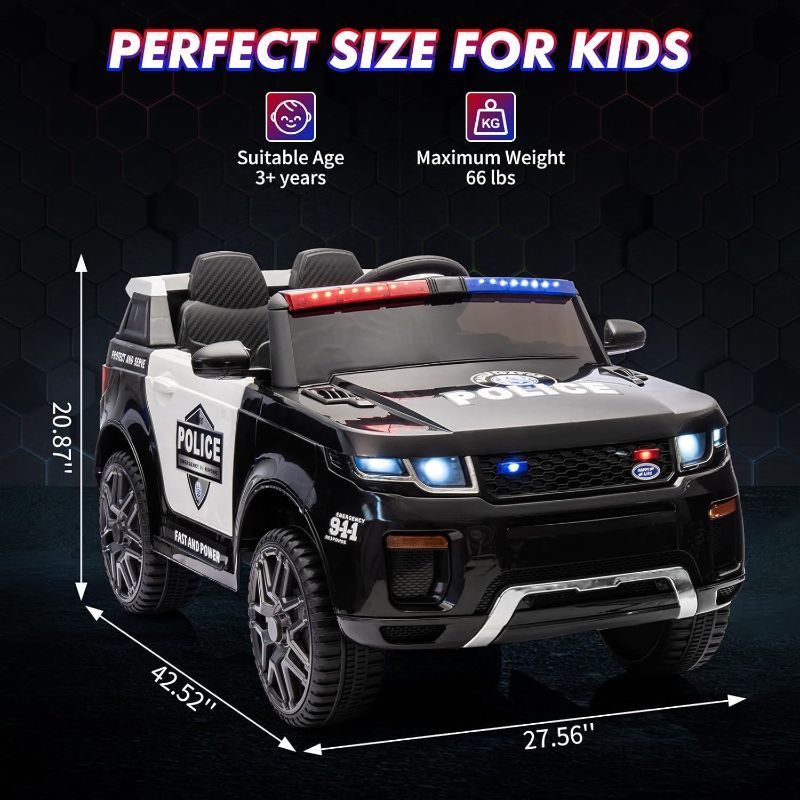 Photo 1 of GarveeLife 12V Kids Ride On Police Car with Remote Control Electric Police Car for Kids 3-8 Toddlers Ride On Police Car Toy with LED Flashing Light, Megaphone, Spring Suspension, Handle, Music, Black