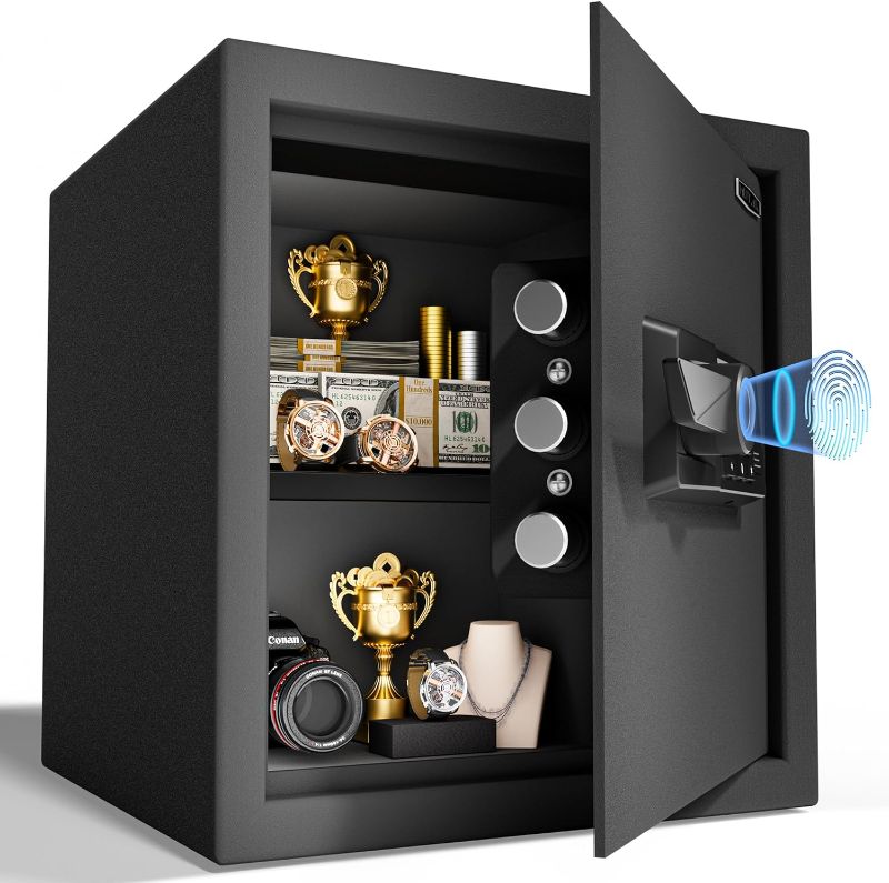 Photo 1 of 1.5 Cub Biometric Safe Box with Fireproof Bag, Quick-Access Fingerprint with Keys, Digital Keyboard, Type-C Port, Dual Alarm System Safety Box for Home, Office, Hotel Use(Black)