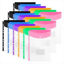 Photo 1 of 24 Pack A4 Punched Pockets Plastic Wallets - 11 Holes Expandable Binder Pocket Envelope File Folders
