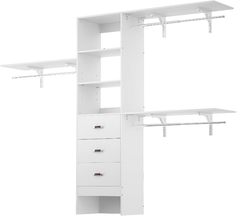 Photo 1 of iSunirm 8FT Closet System, 96'' Closet Organizer System with 3 Hanging Rods, Wall Mount Bedroom Wardrobe with 3 Drawers Walk-in Closet, Adjustable Cloth Garment Rack from 5 to 8FT (Cut to Fit), White