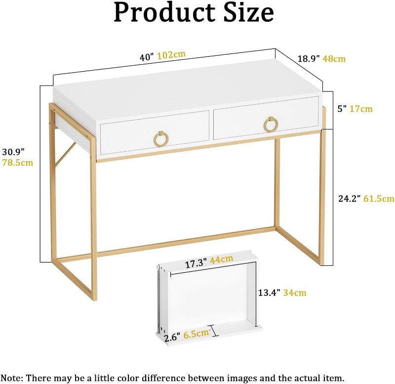 Photo 1 of Anmytek Home Office Writing Desk 2 Drawers Storage, Contemporary Makeup Vanity Table Study Desk, W/Matte White and Gold Finish Frame D0003
