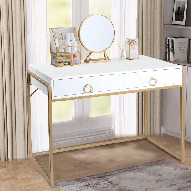 Photo 1 of Anmytek Home Office Writing Desk 2 Drawers Storage, Contemporary Makeup Vanity Table Study Desk, W/Matte White and Gold Finish Frame D0003