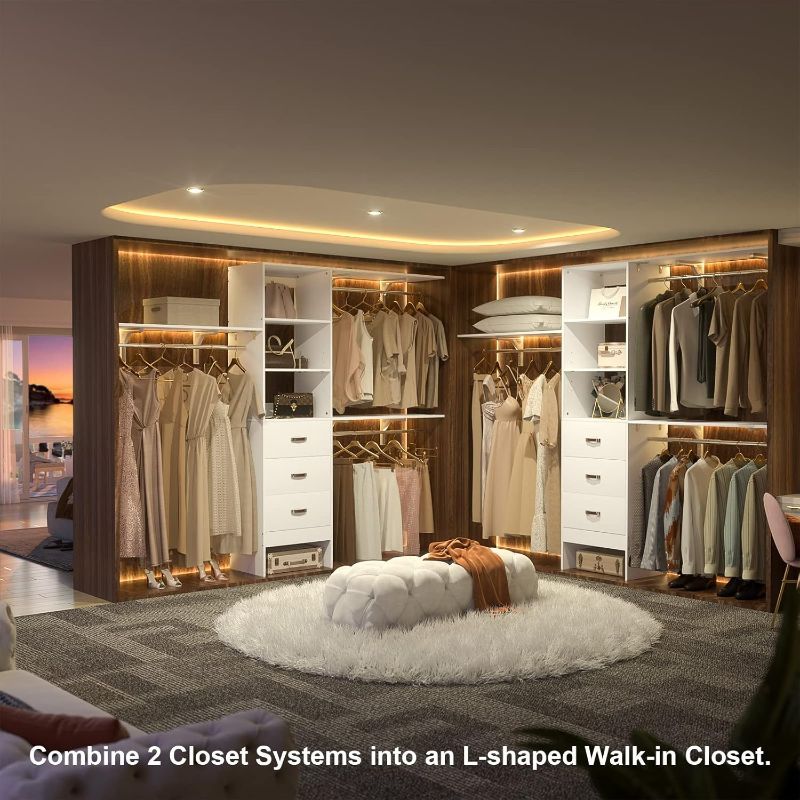 Photo 1 of iSunirm 8FT Closet System, 96'' Closet Organizer System with 3 Hanging Rods, Wall Mount Bedroom Wardrobe with 3 Drawers Walk-in Closet, Adjustable Cloth Garment Rack from 5 to 8FT (Cut to Fit), White