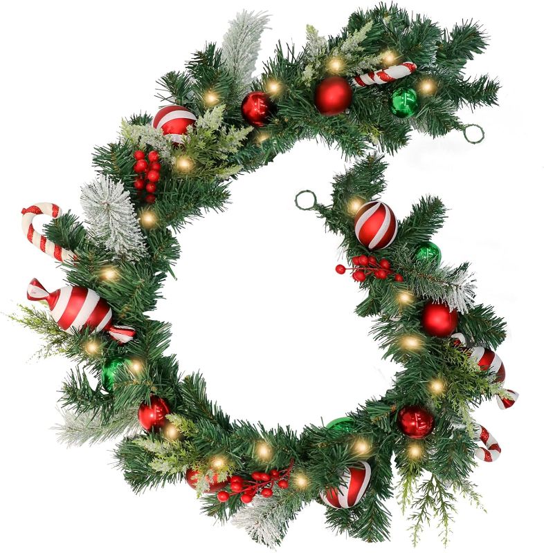 Photo 1 of Christmas Garland Lighted Indoor Outdoor Decorations Artificial Christmas Garlands with Light Mantel Candy Cane for Door Porch Holiday Party Outdoor Indoor Xmas Decor 6FT