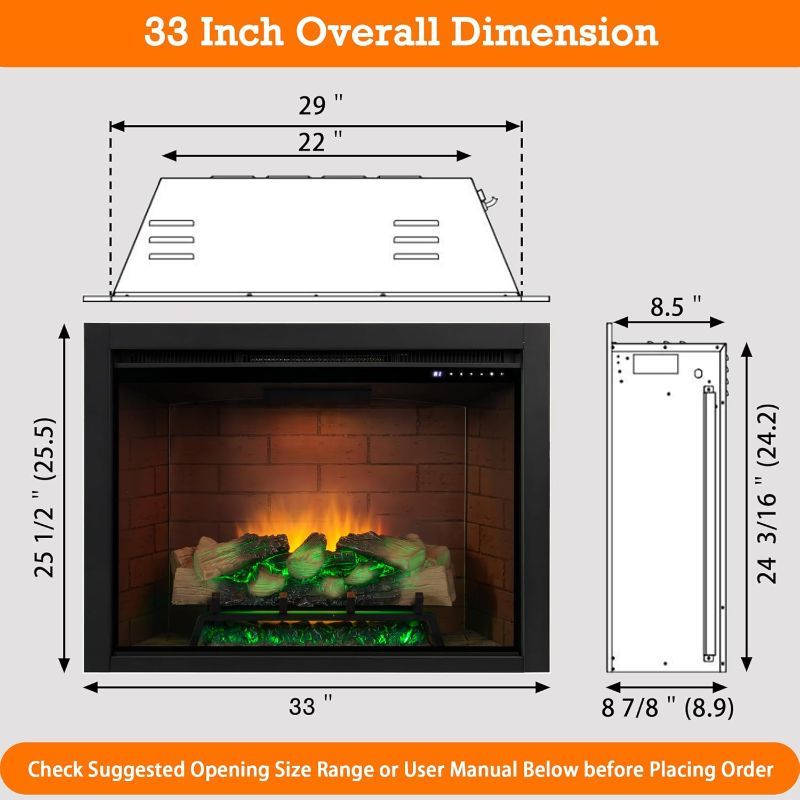 Photo 1 of Electric Fireplace Insert w/Top Light, 12×12×12 Flame Color Option with Fire Crackling Sound, 33?W×25 1/2?H, 750W/1500W Eco Heater, Remote & Button Control, Black