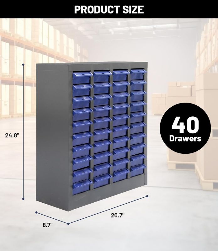 Photo 1 of 40 Drawers Part Cabinet Bolt and Nut Tool Storage Documents with ABS Material Drawer for Hardware Organization Equipment Shelves Workshop and Office Supplies, Grey