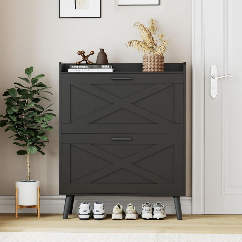 View 1 of 32 inch W Farmhouse Shoe Storage Cabinet with 2 Flip Drawers and Barn Door Design, Adjustable Shelves, Modern Hidden Slim Narrow Shoe Rack Cabinet for Entryway, Foyer, Hallway, Living Room, Black