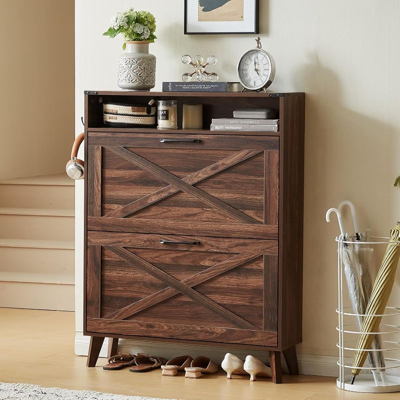 Photo 1 of Homleke 32 inch W Farmhouse Shoe Storage Cabinet with 2 Flip Drawers and Barn Door Design, Adjustable Shelves, Modern Hidden Slim Narrow Shoe Rack Cabinet for Entryway, Foyer, Hallway, Living Room, Black