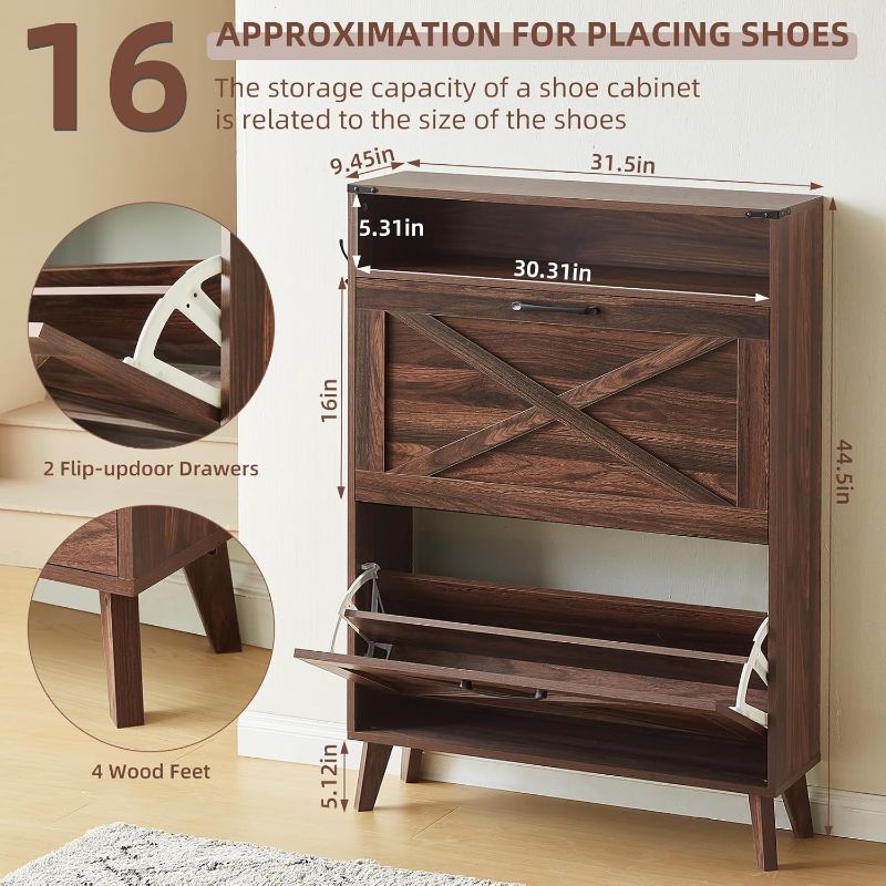 Photo 1 of Homleke 32 inch W Farmhouse Shoe Storage Cabinet with 2 Flip Drawers and Barn Door Design, Adjustable Shelves, Modern Hidden Slim Narrow Shoe Rack Cabinet for Entryway, Foyer, Hallway, Living Room, Black