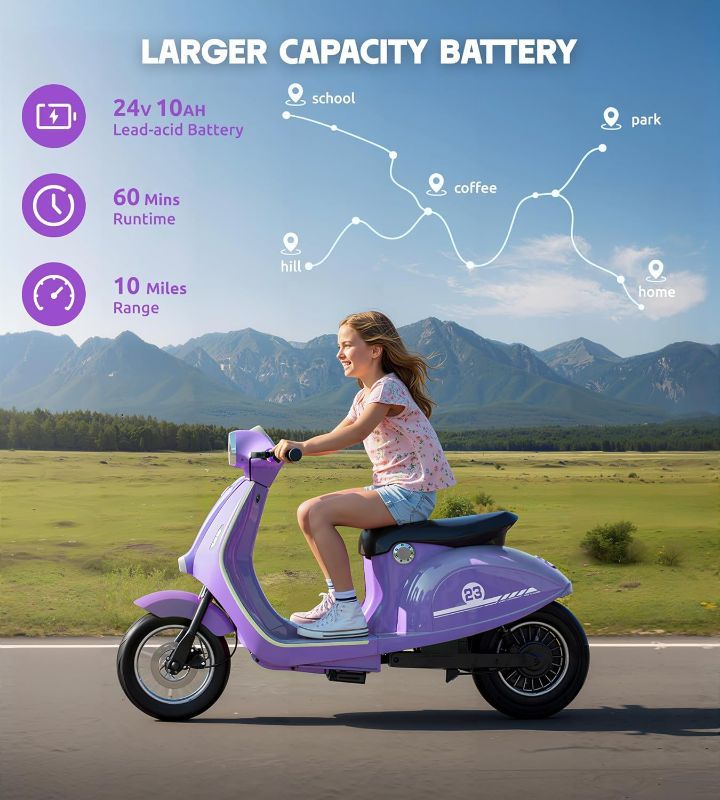 Photo 1 of Kids Motorcycle, 2 Wheel Electric Motorcycle for Girls Ages 8-12, 24V Ride on Toys with Music, Story, Headlight, 3 Speed Options, Up to 60min Ride Time, for Riders up to 143 lbs, Easy Assemble, Purple