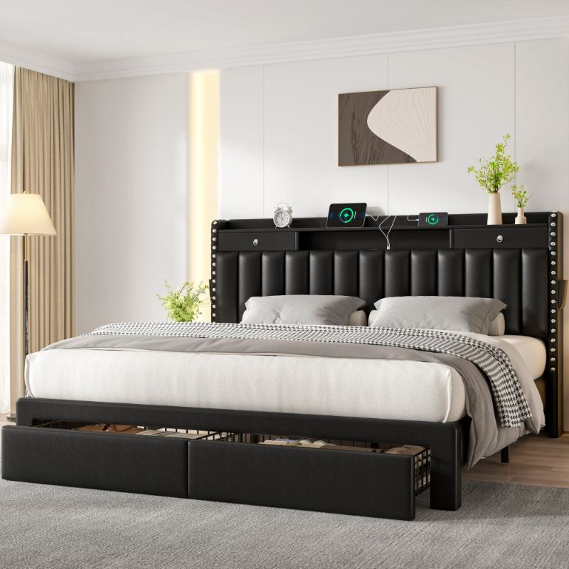 Photo 1 of Queen size Upholstered Platform Bed Frame with Storage Headboard, USB & Type-C Charging Ports, Solid Wood Slats, No Box Spring Needed