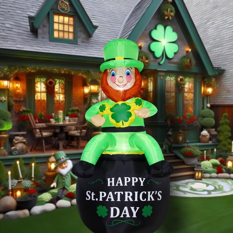 Photo 1 of 6 FT St. Patrick's Day Inflatable Leprechaun, Blow up Leprechaun Sits on Cornucopia Outdoor Decoration with LED Lights, for Yard Garden Lawn Front Door Holiday Decor (6FT Leprechaun on Cornucopia)