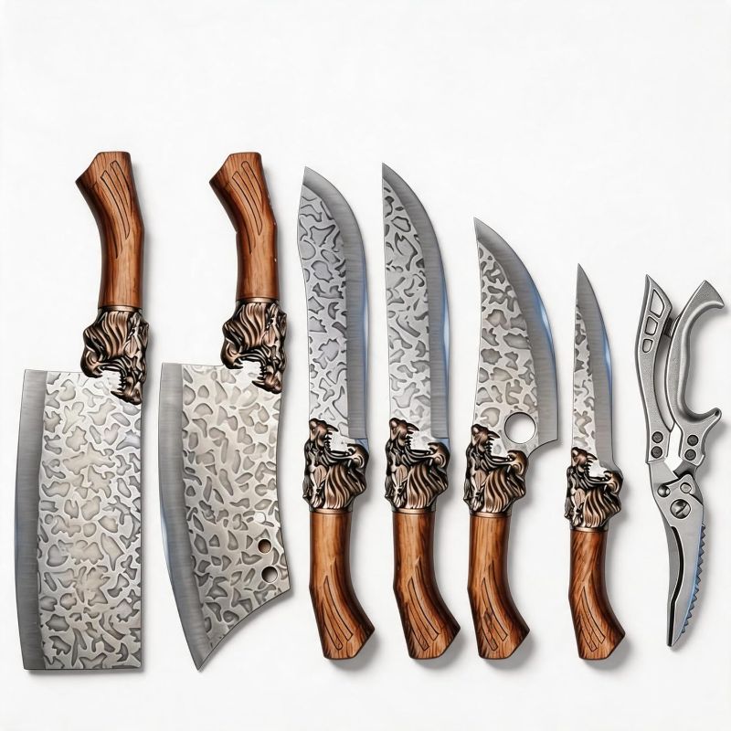 Photo 1 of 7PCS Butcher Knife Set for Home Kitchen, High Carbon Steel Hand Forged Chef Knives for Butchering, Meat Processing and Cutting, BBQ Cleaver & Bone Chopper, Fillet, Hammered Blade