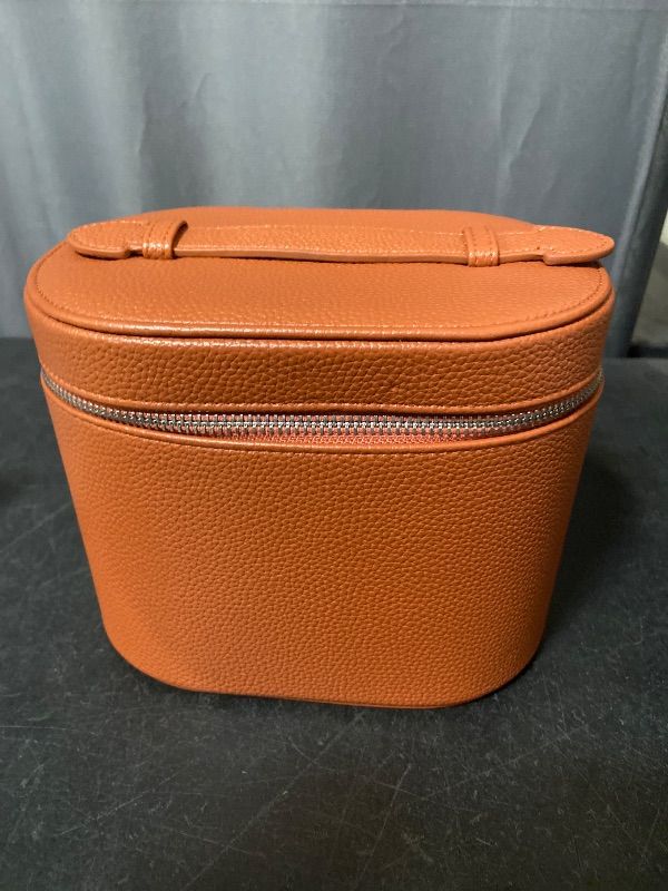 Photo 1 of Brown Makeup Bag Vanity Case with Divider and Handle, Aesthetic Makeup Bags, Waterproof PU Leather Toiletry Bag for Women Girls, Portable Cosmetic Organizer Bag