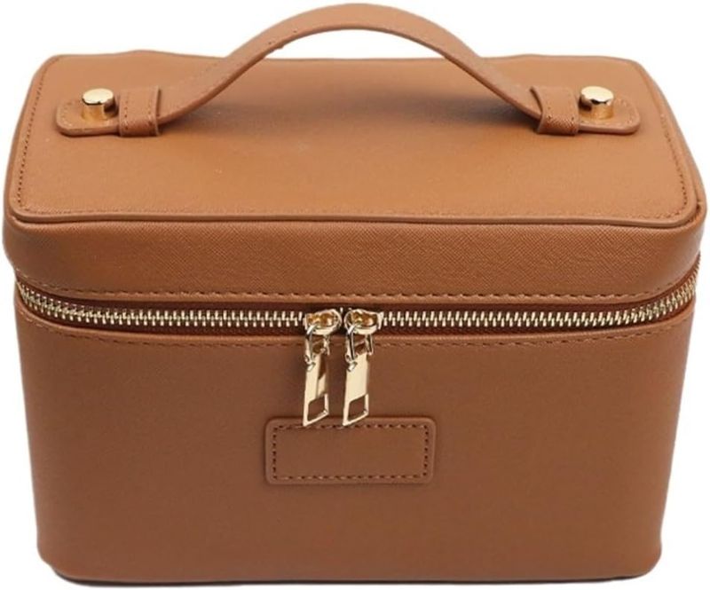 Photo 1 of Leather Cosmetic Bag With Zoned Storagefor And Products(Brown)
