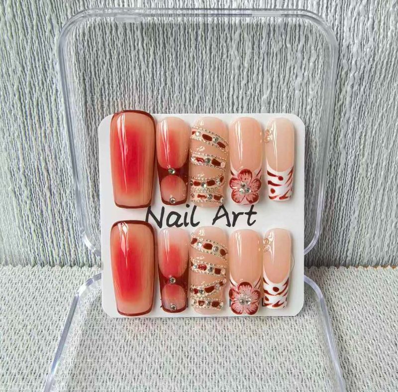 Photo 1 of Handmade Press on Nails Square Medium Fake Nails Red French Tip with 3D Flower Designs luxury Charm Glossy Cute starfish Acrylic Nails for Women 10pcs