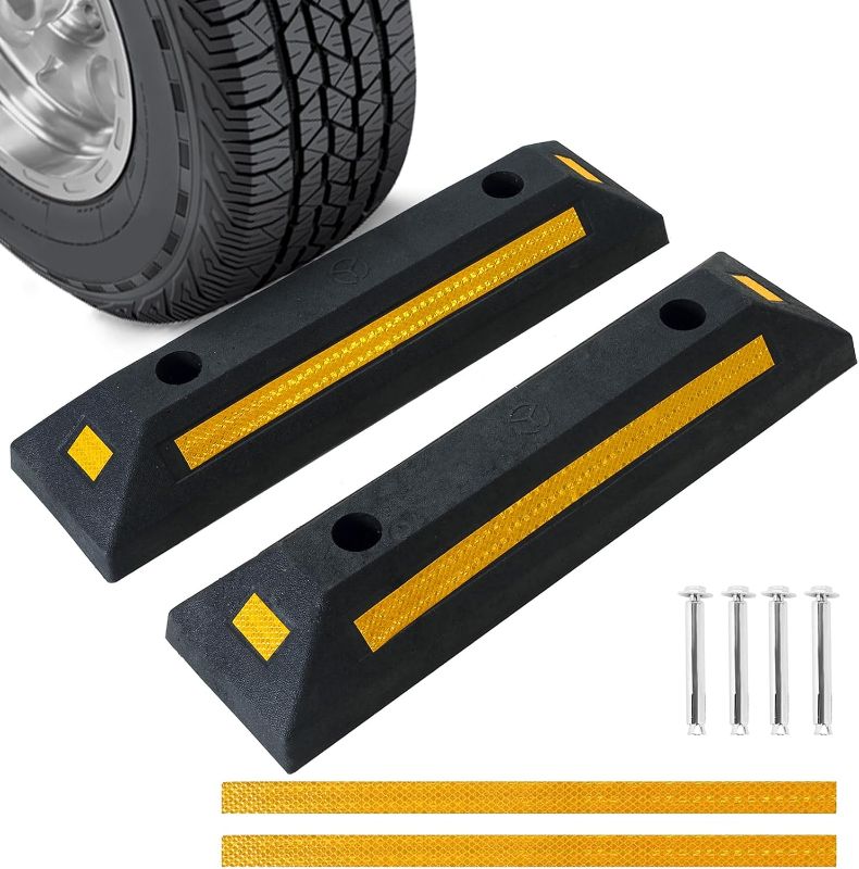 Photo 1 of 2 Pack Heavy Duty Rubber Parking Block Parking Curb | Wheel Stop Stoppers for Garage Parking with Yellow Reflective Stripes for Car, Truck, RV, Trailer, and Garage (2)