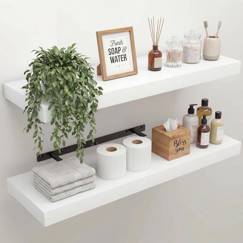 View 1 of 30" Width Floating Shelves, Wall Shelves for Bathroom/Living Room/Bedroom/Kitchen Decor, White Shelves with Invisible Brackets Set of 2