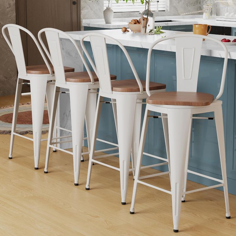 Photo 1 of 26" Swivel Metal Bar Stools Set of 4 High Back Counter Height Barstools Industrial Dining Bar Chairs with Large Wooden Seat-White