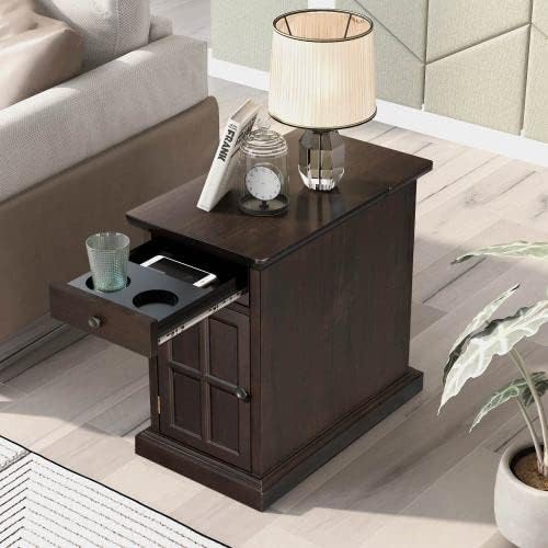 Photo 1 of Anwick Vintage End Table Side Table with USB Ports, Wooden Nightstand with Multifunctional Drawer Cup Holders, Classic Vintage Livingroom End Table Storage Cabinet for Bedroom Living Room