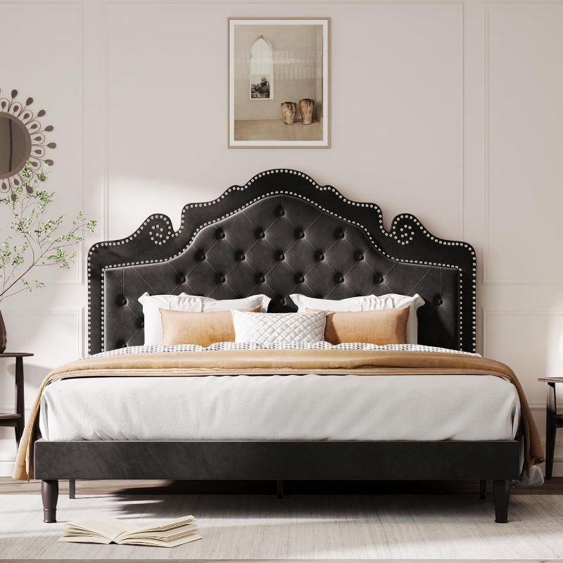 Photo 1 of Queen size Allewie Platform Bed Frame with Velvet Tiara Upholstered Diamond Button Tufted Headboard, Black