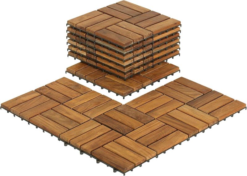 Photo 1 of Bare Decor BARE-WF2009 Solid Teak Wood Interlocking Flooring Tiles (Pack of 10), 12" x 12", Brown