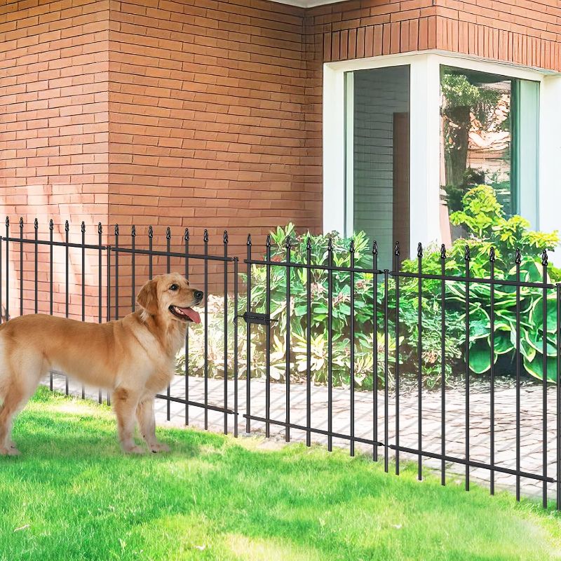 Photo 1 of Metal Garden Fence with Gate 29 in H x 10 ft L, 1 Gate + 4 Panels Border Fence Panels Animal Barrier for Dogs, No Dig Garden Fencing for Yard Patio Flower Bed Lawn Outdoor, Black