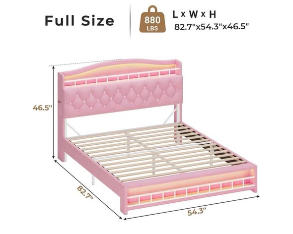 Photo 1 of Full size Full Bed Frame with LED Lights, Princess Velvet Upholstered Platform Bed for Girls, Headboard with Charging Station & Guardrail & Crystal Button, No Box Spring Needed, Pink AJ-DJ503900_2 F25