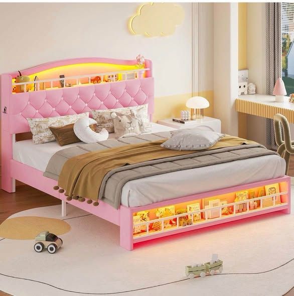 Photo 1 of Full size Full Bed Frame with LED Lights, Princess Velvet Upholstered Platform Bed for Girls, Headboard with Charging Station & Guardrail & Crystal Button, No Box Spring Needed, Pink AJ-DJ503900_2 F25